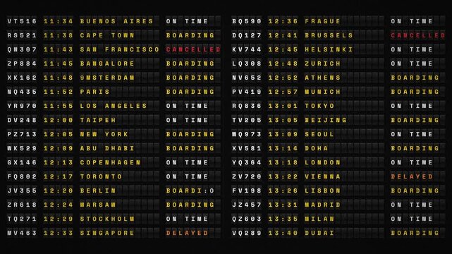 Animated retro split flap airport departure board flipping through flight numbers, times, destinations and status, vintage travel information display