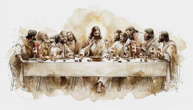 Watercolor, a soft and gentle depiction of the Last Supper with Jesus surrounded by his disciples at an old white table	