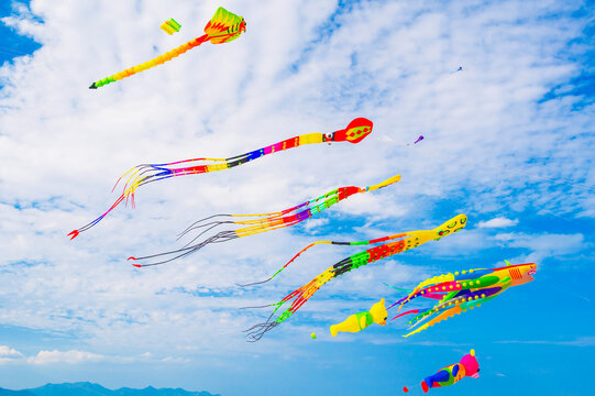 Flying colorful kites in the blue sky. Kite Festival. The concept of freedom and summer leisure