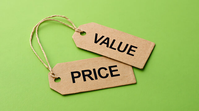 Two brown paper price tags with value and price text printed on them against a bright green background representing retail and commerce cost