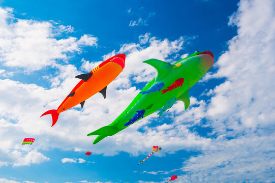 Flying colorful kites in the blue sky with clouds. Kite festival. The concept of freedom and summer relaxation