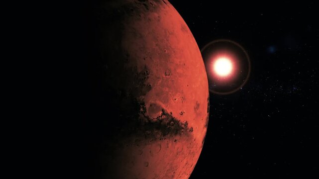 Red planet in deep space with a bright star glowing behind it, showing a dark side and rocky surface against a starry black sky