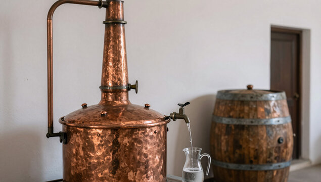 Hammered copper pot still distilling grappa into a glass jug