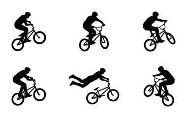 Fototapeta premium Six BMX cyclists performing stunts and tricks in silhouette