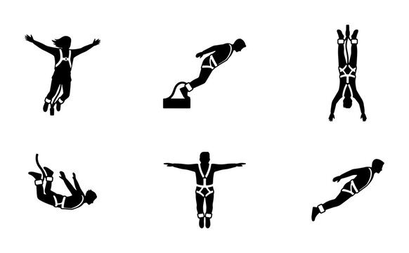 Bungee jumping icons set, extreme sport action poses