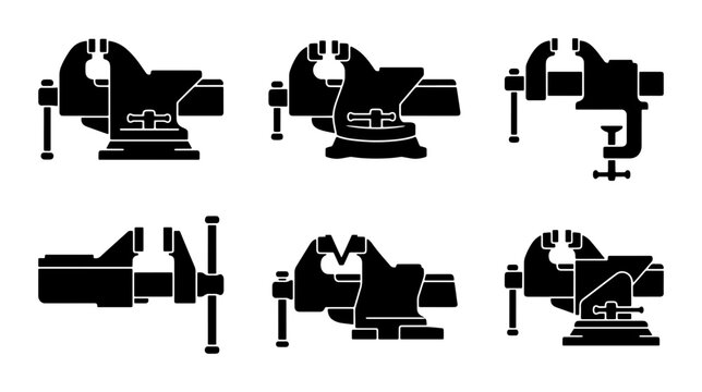 Six black silhouette vises of different types on white