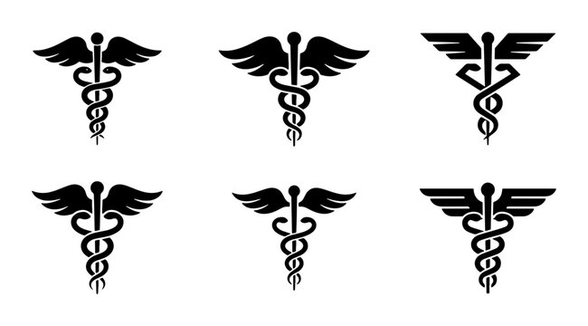 Six medical caduceus symbols on white background