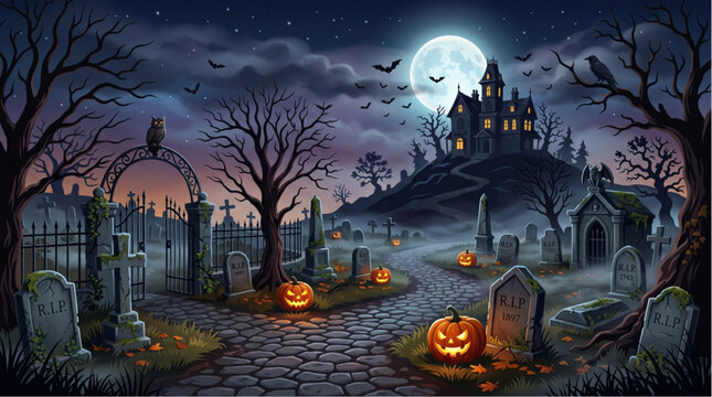 Halloween Cobblestone Path Through Graveyard to Haunted House Vector Illustration