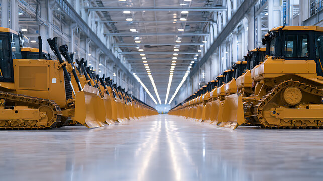 A vast industrial assembly plant floor featuring rows of yellow heavy bulldozers and crawler tractors parked in neat symmetry under lights