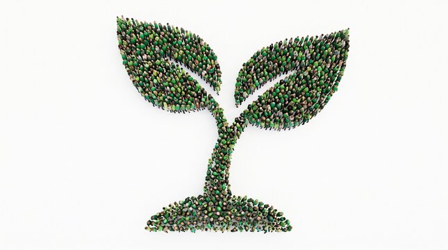 Large group of people standing together in a field to form a green sprout symbol representing environmental awareness and sustainability
