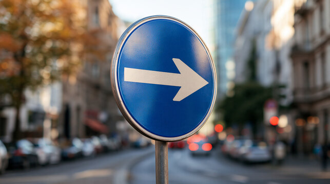 One-way traffic sign standing at the entrance of a narrow urban street, clean arrow symbol visible on a blank sign face, parking rule, traffic signage, vehicle guidance, public spa