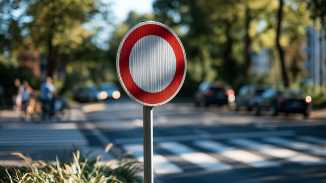 Speed limit sign standing beside a pedestrian crosswalk near a school zone, blank numeric circle symbol on the sign face, bright daylight, traffic signage, vehicle guidance, public