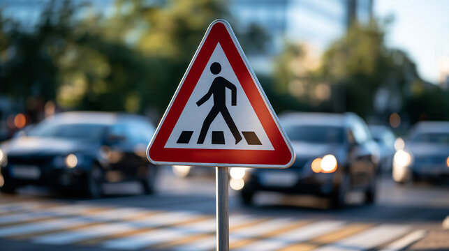 Pedestrian crossing sign standing beside a striped crosswalk on a bright urban street, blank walking figure symbol visible on the sign face, cars waiting in the softly blurred back