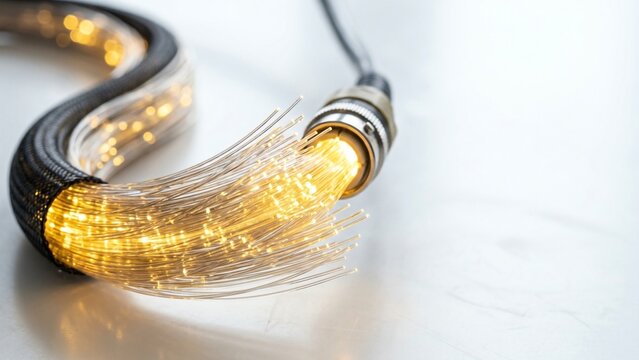 Close up of glowing fiber optic cable with bright light transmitting data technology concept