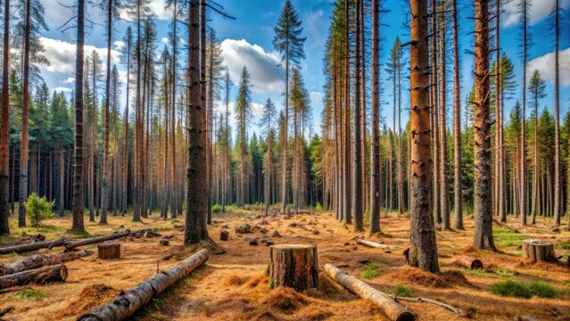 Dead pine trees with a thick layer of bark beetles in Morvan forest