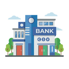 Fototapeta premium Modern bank building exterior with currency symbols in a flat vector style