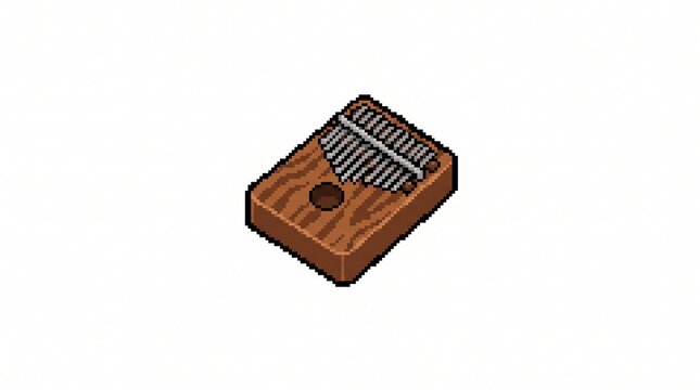 8-bit pixel art of a small wooden thumb piano kalimba instrument asset isolated on white.