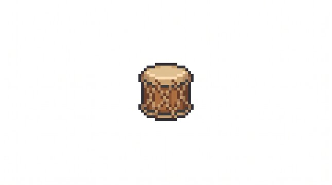 8-bit pixel art of a small wooden cylindrical hand drum percussion asset isolated on white.