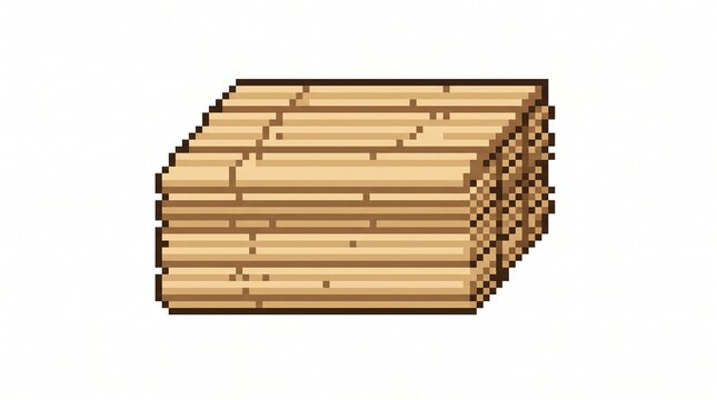 8-bit pixel art of a neat stack of split natural bamboo strips crafting material asset isolated on white.