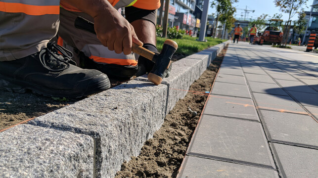 New curbstones are being carefully aligned along a renovated pedestrian pathway while a faceless worker uses a rubber mallet to level each block, bright daylight, clean materials a