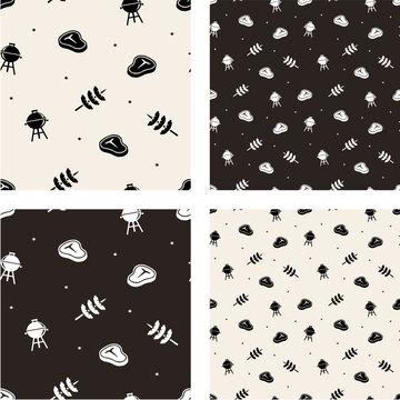bbq grill seamless pattern set with meat and skewer icons
