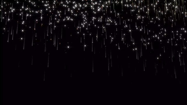 Abstract white particle rain with glowing glitter dust falling through darkness, sparkling bokeh lights and shimmering texture for luxury award, Christmas and premium celebration black background