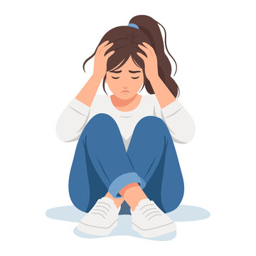 Stress, Anxiety, Mental disorder, Confusion, Depression concept. Frustrated young woman touch head. Mind Health Problem, Mental Disease. Isolated flat vector illustration
