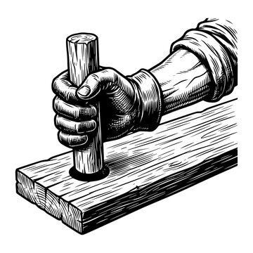 Hand inserting a wooden dowel into a hole in a wooden board with manual labor