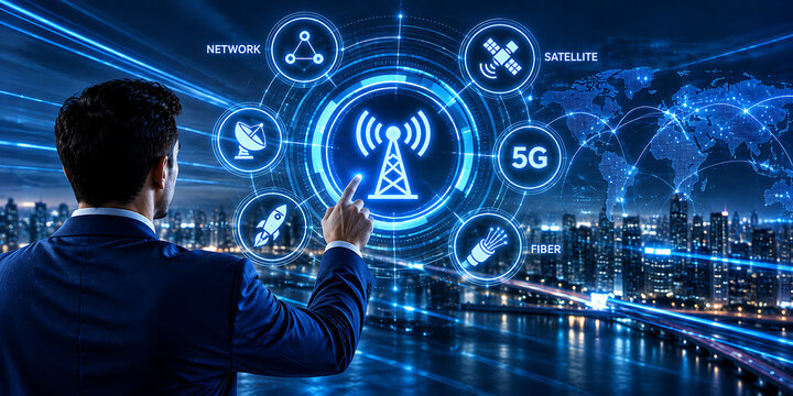 Man interacting with a futuristic 5g network and communication technology display