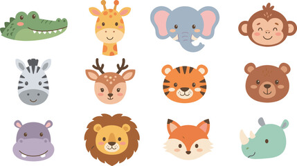 Fototapeta premium Cute wild animal faces vector collection featuring safari and forest creatures for kids design avatars stickers and patterns