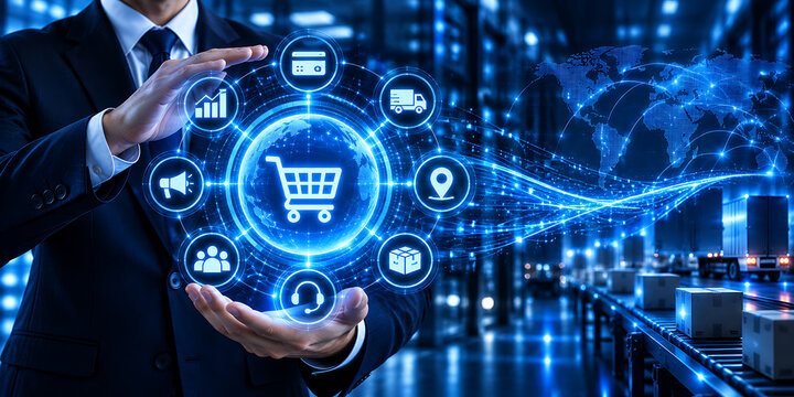 Businessman presenting interconnected icons representing logistics and global commerce operations