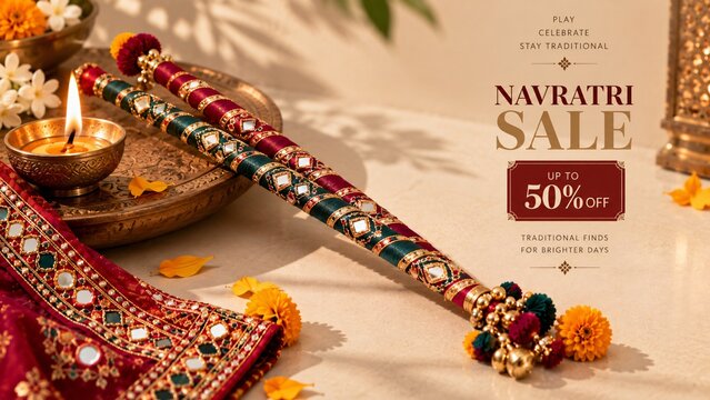 Festive Navratri sale banner featuring traditional Dandiya sticks, ethnic attire, and diyas with copy space