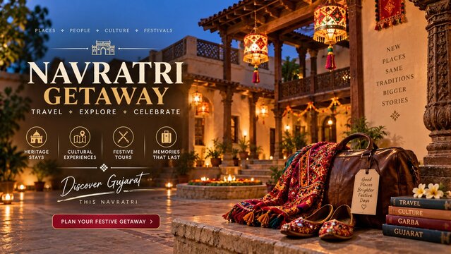 Festive Navratri getaway banner featuring leather travel bag, traditional Chaniya Choli, juttis, and heritage Haveli resort background