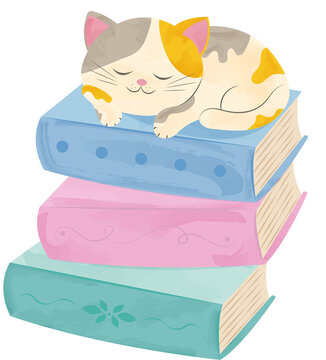 Watercolor Illustration of Sleeping Cat on Books