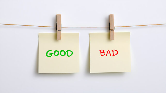 Two yellow sticky notes clipped to a string with good and bad text written on them representing choice, contrast, decision, and comparison