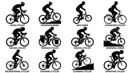 Fototapeta premium Cyclist silhouettes vector set showing various riding styles and bicycle types
