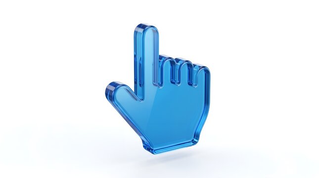 Blue glass hand cursor icon, 3D glossy pointer finger symbol, transparent plastic clicking hand for web interface and digital navigation
