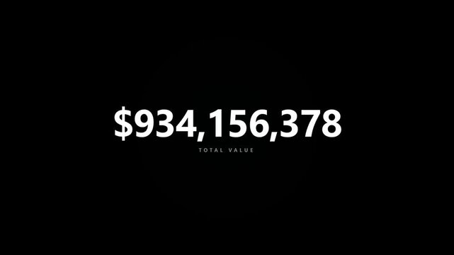 A large total value number in US dollars displayed in white text on a solid black background representing financial wealth or statistics