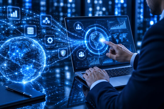 Person interacting with laptop displaying global network and data visualization