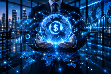 Fototapeta premium Man holding illuminated globe with dollar sign and circulating arrows financial technology