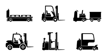 Collection of six black forklift and industrial vehicle icons © Jorina