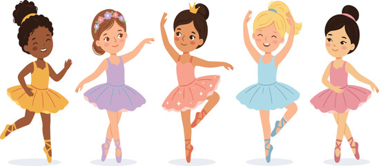 Cute cartoon little ballerina girls vector illustration dancing in colorful dresses isolated on a white background scene © anita