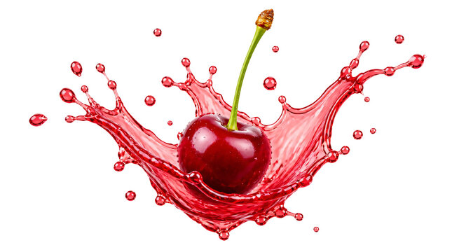 A juice splash and ripe cherry isolated on transparent background
