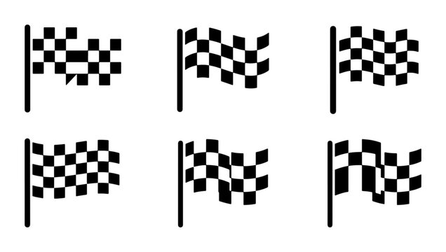 Six checkered racing flags on poles, black and white