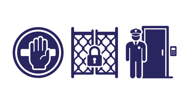 Access control and security icons featuring stop sign locked gate and security guard security protection surveillance authorized restriction facility perimeter prevention
