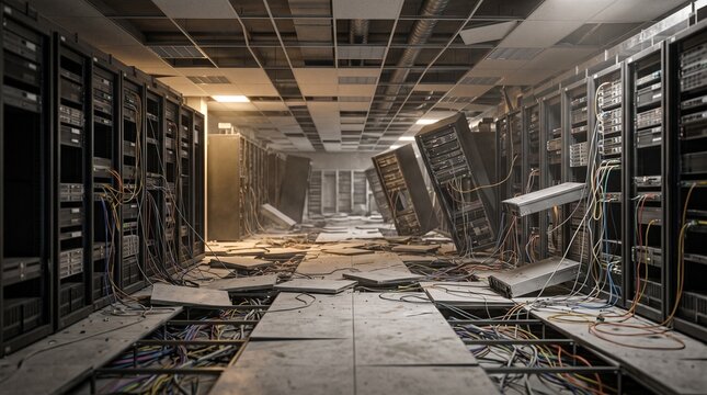 A damaged server room filled with collapsed racks, loose cables, and fallen ceiling tiles after a server failure or disaster.
