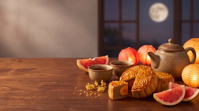 Mooncakes, tea set, and grapefruit slices arranged on a wooden table with lanterns and a full moon visible through a window