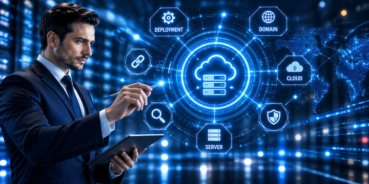Businessman interacts with a digital network interface displaying cloud computing concepts