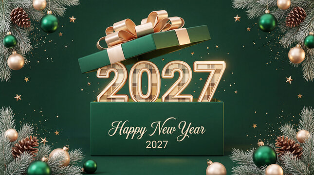 New Year 2027 celebration with illuminated numbers, gift box, and festive decorations on a green background with pine branches and ornaments