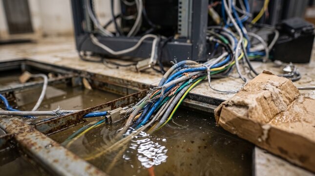 Flooded server room floor with exposed electrical cables and water damage.